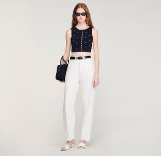 Sandro Jewelled embroidered knit crop top