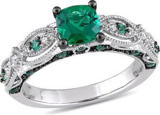 Mimi & Max Created Emerald and Diamond Vintage Ring 10k White Gold