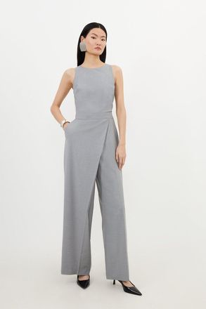 Karen Millen Womens Tailored Wool Blend Wide Leg Wrap Detail Jumpsuit - Grey - Size 16 UK