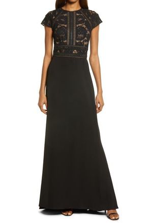 Tadashi Shoji Lace & Crepe A-Line Gown in Black/Nude at Nordstrom, Size 2