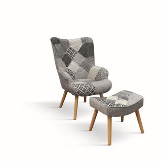 Konte Design Sill&oacute;n de tela patchwork gris y patas de madera, con reposapi&eacute;s