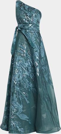 Rene Ruiz One-Shoulder Metallic Jacquard Gown