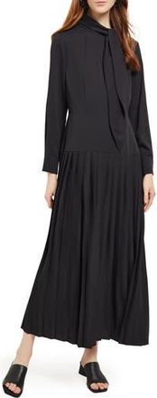 Misook Tie Neck Long Sleeve Pleated Maxi Dress in Black at Nordstrom Rack, Size Small