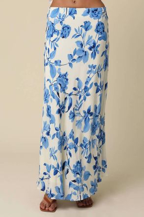 Olivaceous Celest Floral Flow Maxi Skirt In Cream Blue