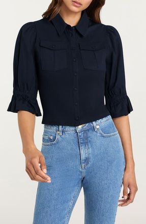 Cinq &agrave; Sept Lyric Mixed Media Stretch Cotton Button-Up Shirt in Navy at Nordstrom, Size X-Small