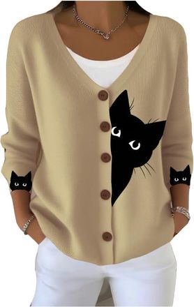 Generic Cute Black Cat Print Cardigan for Women Autumn Funny Halloween Casual Sweater Long Sleeve Casual Cozy Top Warm Outerwear Clothing (UK, Alpha, XXL, Reg
