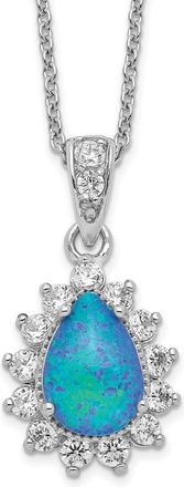 Diamond2Deal Sterling Silver Cabochon Lab Created Blue Opal and Cubic Zirconia Pear Necklace