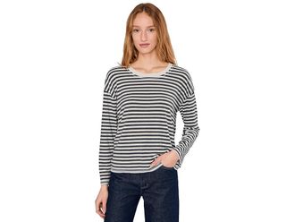 Mod-o-doc Long Sleeve Drop Shoulder Boxy Crew Neck T-Shirts Womens Clothing Ivory/Charcoal Stripe : MD (US 8-10), Polyester/Rayon/Spandex