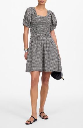 Madewell Gingham Smocked Linen Blend Mini Sundress in Black White Gingham at Nordstrom, Size Xx-Small