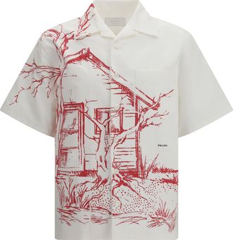 Prada Mens Bowling Shirt Cabin Print Red Cotton