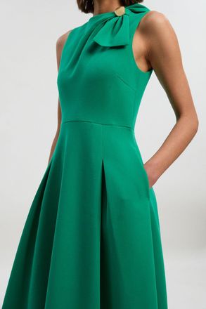Karen Millen Womens Compact Stretch Bow Tie Neck Trim Detail Tailored Full Midi Dress - Emerald - Size 12 UK