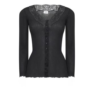 Saint Laurent Cardigans, female, Black, Size: L Black Silk V-Neck Sweater Lace Trim