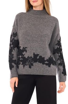 Vince Camuto Floral Appliqu&eacute; Mock Neck Sweater in Salt And Pepper at Nordstrom Rack, Size Medium