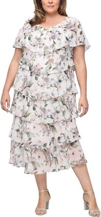 S.L. Fashions Tiered Floral Shimmer Midi Dress in Taupe Multi at Nordstrom, Size 14W