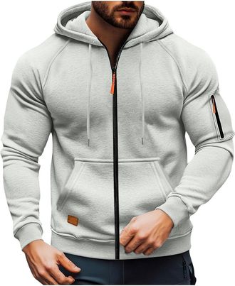 Generic Hoodies for Men Full Zip Sweatshirt Long Sleeve Casual Plain Hoody Winter Warm Jackets Outdoor Gym Hooded Jumper Solid Tracksuit Tops with Pockets Gre