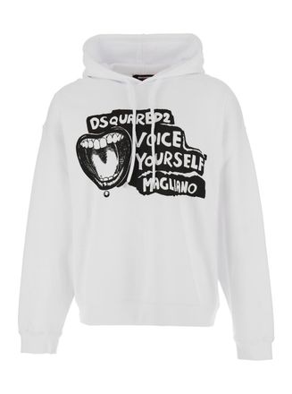 Dsquared2 D2 X Magliano White Hoodie With Drawstring Hood With Maxi Print On The Front In Cotton Man