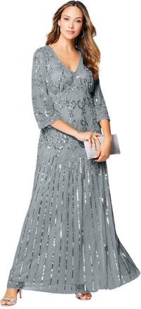 Roaman's Plus Size Beaded V-Neck 3/4 Sleeve Sleeve Maxi Gown in Gunmetal at Nordstrom, Size 38