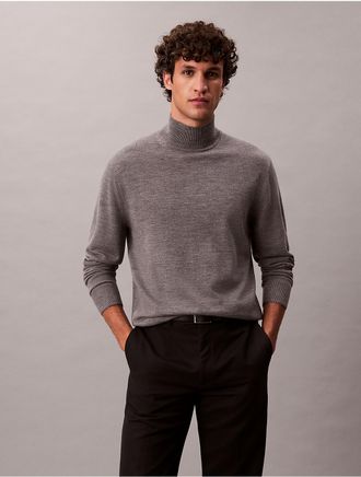 Calvin Klein Mens Merino Wool Mock Neck Sweater - Grey - 2XL
