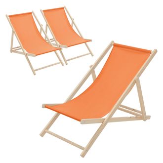 ECD Germany Ecd Germany 3x Sillas De Playa De Madera De Pino 3 Posiciones De Reclinaci&oacute;n Plegable Tumbona Naranja Tradicional De Sol Para Jard&iacute;n Impermeable Hasta