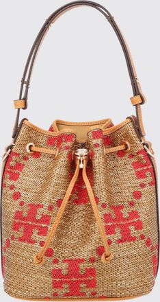 Tory Burch Mini borsa a secchiello T Monogram in rafia con logo jacquard