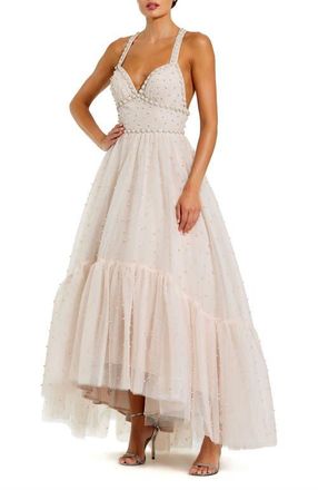 Mac Duggal Pearl Embellished Tiered Tulle High-Low Evening Gown in Porcelain at Nordstrom, Size 14