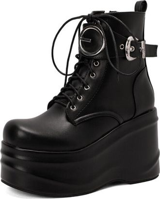 Generic Womens Wedge Heel Platform Short Boots Round Toe Patent Leather Gothic Punk Boots Lace Up Ankle Boot with Zipper,Black2,5.5 UK