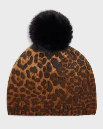 Sofiacashmere Leopard Print Cashmere & Faux Fur Pom Beanie