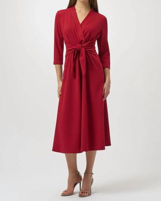 Joseph Ribkoff V Neck Waist Tie Midi Dress In Deep Cherry