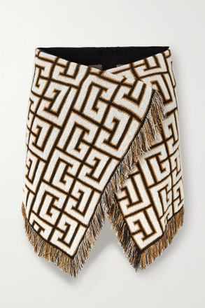 Balmain Wrap-effect Fringed Jacquard-knit Mini Skirt - Nero
