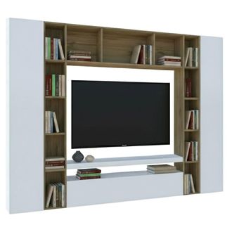 Dmora Pared Equipada Ddragon, Conjunto De Sal&oacute;n Mueble Tv Con 3 Puertas, Mueble De Sal&oacute;n Polivalente, 100% Made In Italy, Cm 270x35h210, Blanco Brillo Y Rob