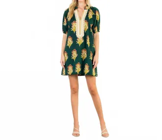 THML Clothing Floral Print V-Neck Striped Detail Dress In Green