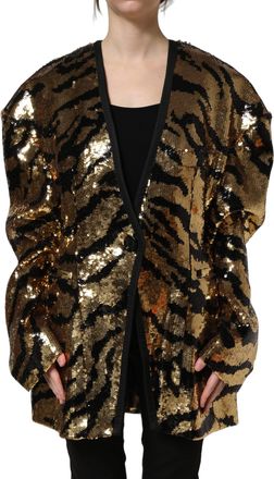 Dolce & Gabbana Womens Black Gold Sequin Tiger Stripe Blazer Jacket Polyester Silk Elastodiene Clothing
