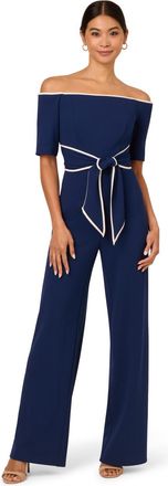 Adrianna Papell Womens Knit Crepe Tie Jumpsuit - Blue - Size 8 UK