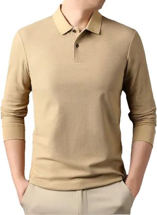 Generic Mens Loose Fit Polo Shirt Casual Lapels Long Sleeve T-Shirt Golf Sports Golf Soild Color Work Shirts Apricot Yellow M