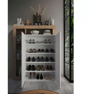 Dmora Aparador Valmorea, Bufet 6 Estantes, 9 Espacios, 2 Puertas, 109x30x138.5h Cm Blanco Brillante