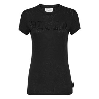 Philipp Plein Tops, Dames, Zwart, XS, Katoen, T-Shirt Ronde Hals Gothic Plein