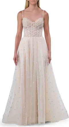La Femme Polka Dot Tulle Prom Dress with Sheer Corset Top in Cream at Nordstrom, Size 12