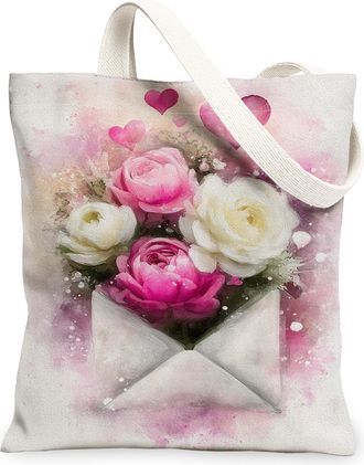 Generic Floral Canvas Tote Bags, Elegant Flower Design Reusable Shopping Bags, Spring Lightweight Washable Shoulder Strap Canvas Fo, Peach, 13x15 Inch