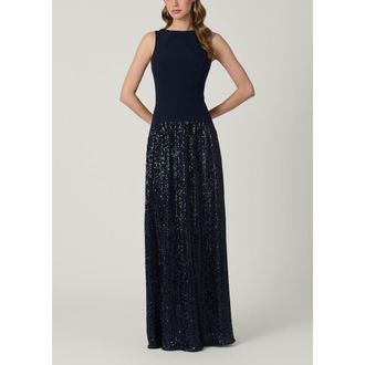 Shoshanna Midnight Dorothy Pleated Sequin Crepe Combo Dress in Navy at Nordstrom, Size 6
