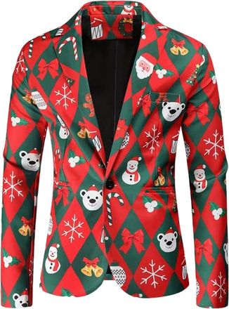 Generic Festive Christmas Blazer for Men, 3D Printed Santa Snowman & Christmas Tree Design, Black Formal Jacket for Xmas Parties & Holiday Gatherings Christma