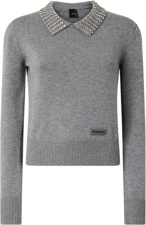 Pinko Crystal-Embellished Grey Sweater With Ribbed Hem
