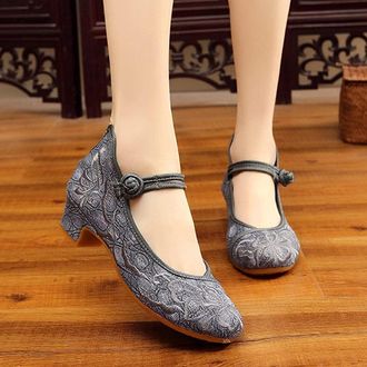 Generic Embroidered Low Heel Canvas Pumps with Ankle Strap - Comfortable Elegant Shoes for Womens Casual Wear Grey
