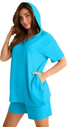 Roaman's Plus Size Comfort+ Fleece V Neck Hooded Sweatshirt in Ocean at Nordstrom, Size 32