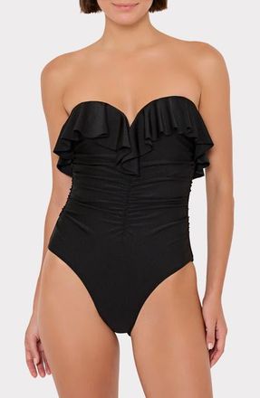Milly Glossy Strapless Ruffle One-Piece Swimsuit in Black at Nordstrom, Size X-Small