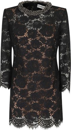 Self Portrait Black Intricate Lace Beaded Neckline Mini Dress