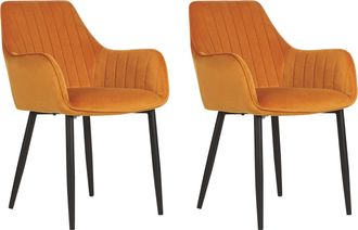 Beliani Beliani - Moderno Conjunto De 2 Sillas De Comedor De Terciopelo Puntadas Verticales Patas De Metal Retro Glamour Naranja Wellston
