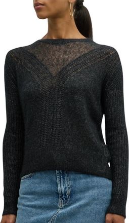 Autumn Cashmere Shaker Cable Crew Sweater With Sheer Yoke In Black