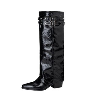 Generic Womens Pointed Toe PU Leather Western Cowboy Boot Mid Chunky Heel Long Boots Pull on Knee High Boots with Studded,Black,7.5 UK