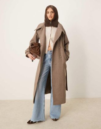 Gina Tricot Gina Tricot wool blend belted midaxi coat with funnel neck detail in beige-Neutral