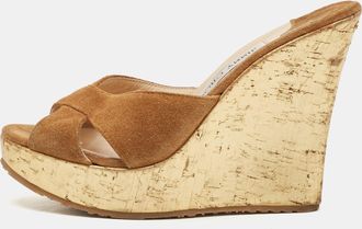 Jimmy Choo London Brown Suede Criss Cross Cork Wedge Slide Sandals